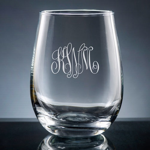 Monogram Sand Etched Small Stemless Wine Glass
